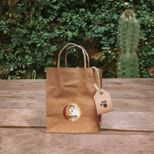 El Dao en su packaging ya listo para entregarse, bolsa de papel madera con logo de Carabachuis sobre mesa de madera