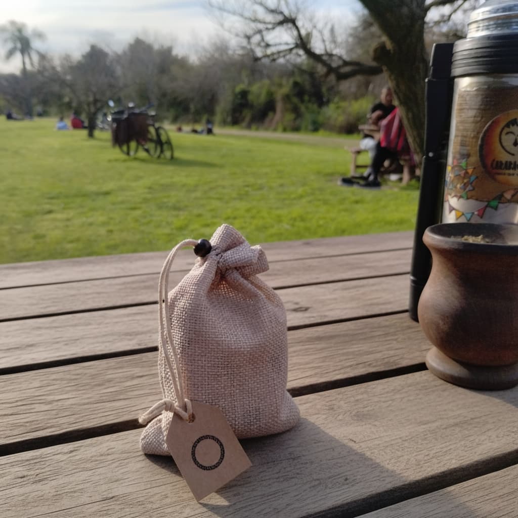 Bolsita del Keru lista para desplegar en cualquier lado, vista sobre mesa de madera con parque de fondo, el mate pronto y esperando para empezar la partida.