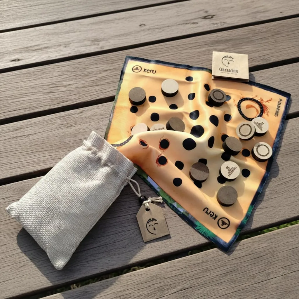 Keru desplegado sobre mesa de madera, se ven las piezas y el reglamento, esperando que comience la partida!